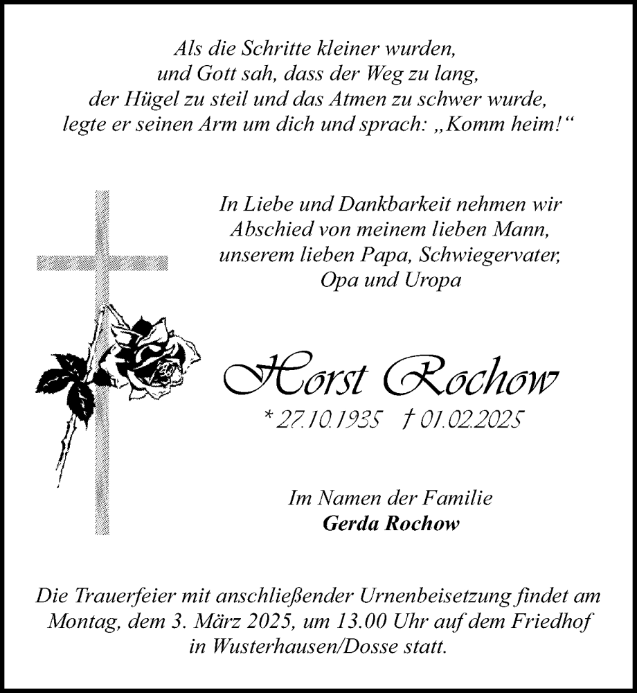  Traueranzeige für Horst Rochow vom 15.02.2025 aus Wochenspiegel