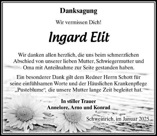 Traueranzeige von Ingard Elit von Wochenspiegel