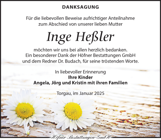 Traueranzeige von Inge Heßler von Torgauer Zeitung