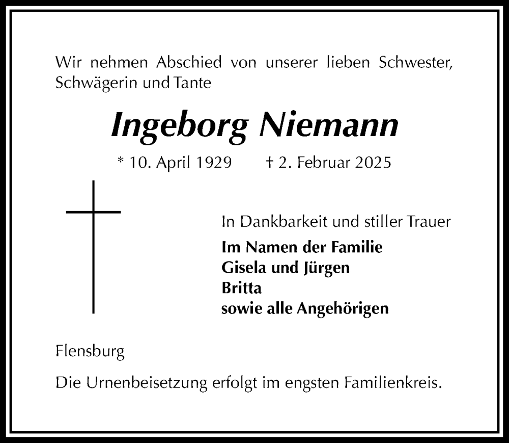  Traueranzeige für Ingeborg Niemann vom 08.02.2025 aus Täglicher Anzeiger Holzminden