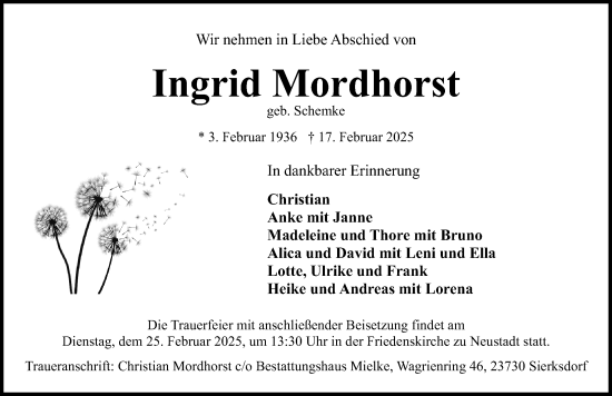 Traueranzeige von Ingrid Mordhorst von Lübecker Nachrichten