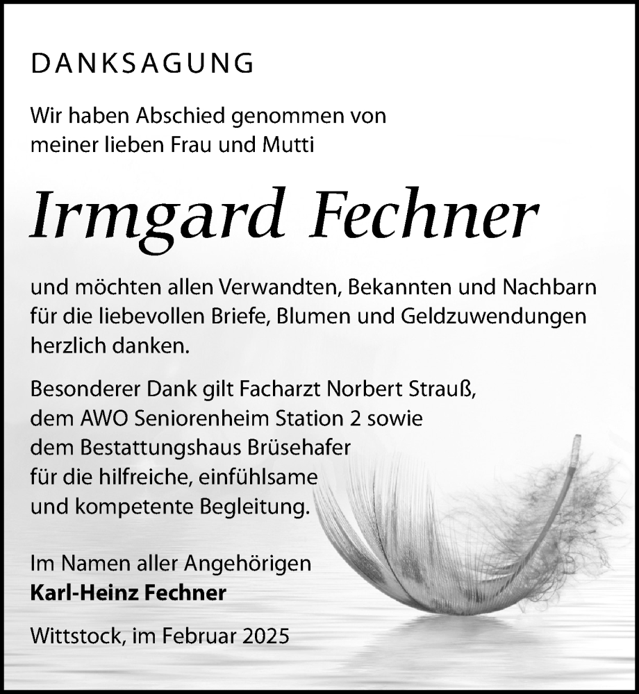  Traueranzeige für Irmgard Fechner vom 22.02.2025 aus Wochenspiegel