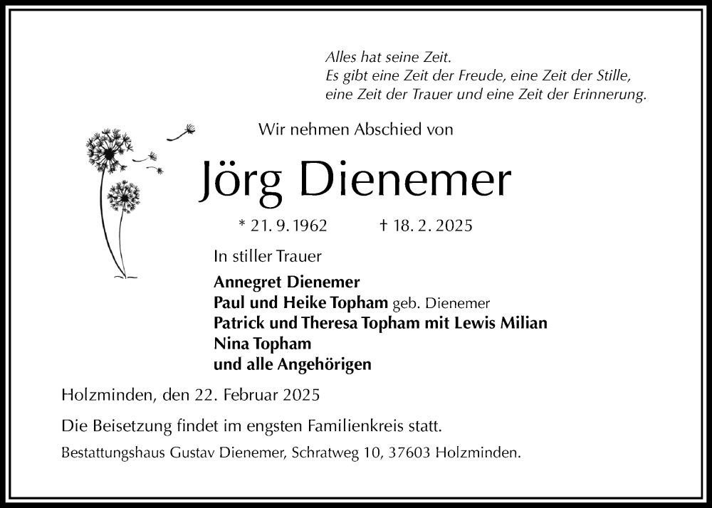  Traueranzeige für Jörg Dienemer vom 22.02.2025 aus Täglicher Anzeiger Holzminden