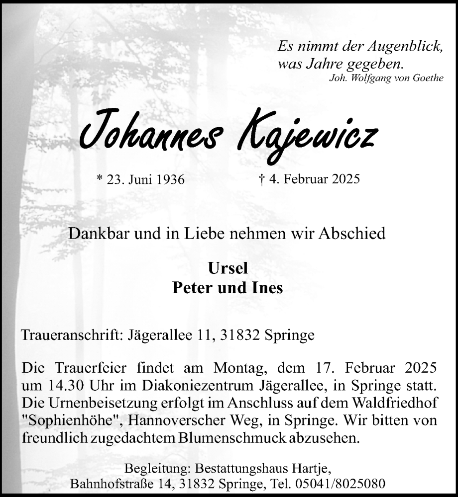  Traueranzeige für Johannes Kajewicz vom 12.02.2025 aus Hannoversche Allgemeine Zeitung/Neue Presse