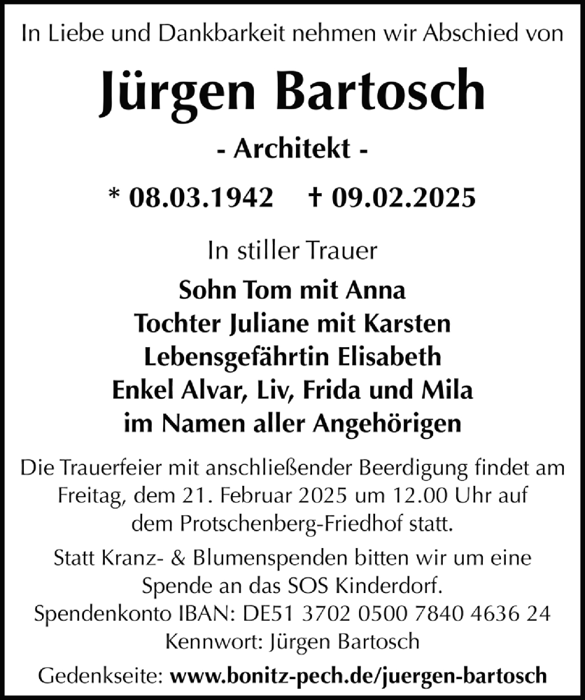  Traueranzeige für Jürgen Bartosch vom 15.02.2025 aus Sächsische Zeitung