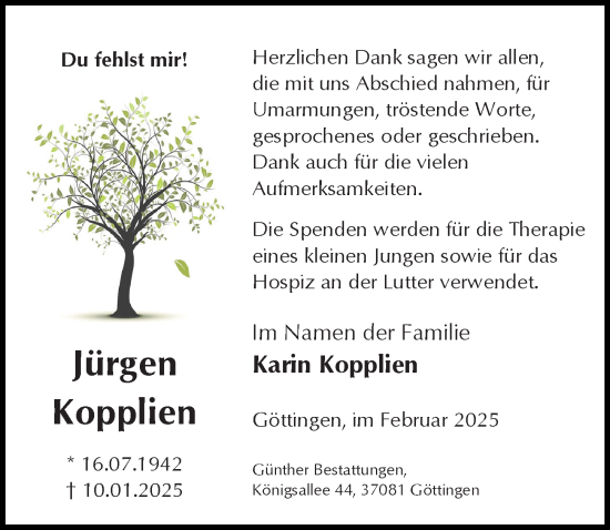 Traueranzeige von Jürgen Kopplien von Göttinger Tageblatt