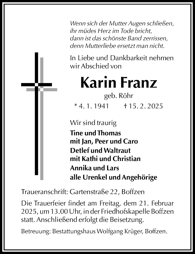  Traueranzeige für Karin Franz vom 18.02.2025 aus Täglicher Anzeiger Holzminden