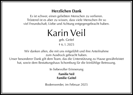 Traueranzeige von Karin Veil von Täglicher Anzeiger Holzminden