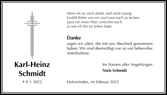 Traueranzeige von Karl-Heinz Schmidt von Täglicher Anzeiger Holzminden