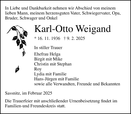 Traueranzeige von Karl-Otto Weigand von Ostsee-Zeitung GmbH