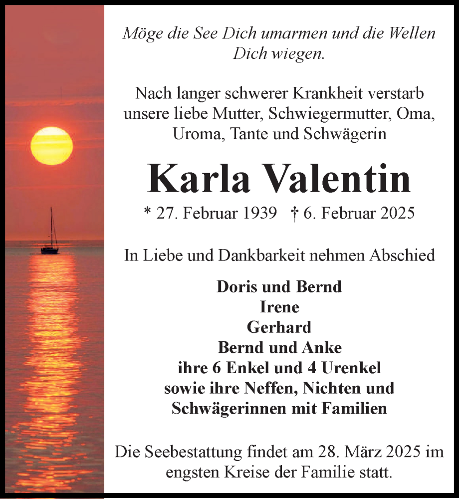  Traueranzeige für Karla Valentin vom 22.02.2025 aus Ostsee-Zeitung GmbH