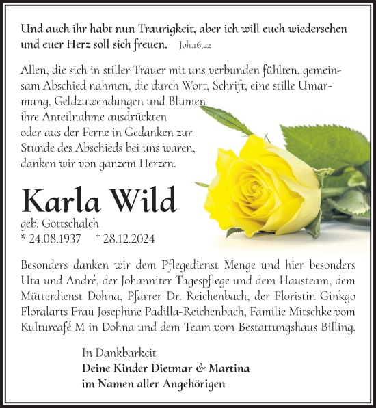 Traueranzeige von Karla Wild von Sächsische Zeitung
