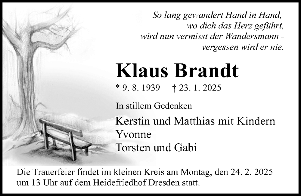  Traueranzeige für Klaus Brandt vom 08.02.2025 aus Sächsische Zeitung