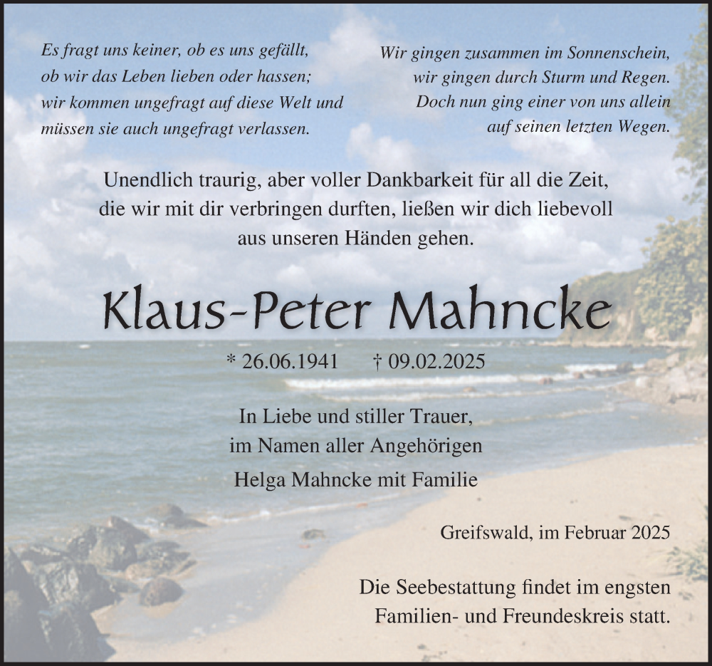  Traueranzeige für Klaus-Peter Mahncke vom 22.02.2025 aus Ostsee-Zeitung GmbH