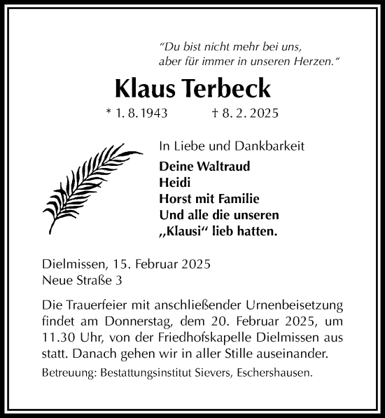 Traueranzeige von Klaus Terbeck von Täglicher Anzeiger Holzminden
