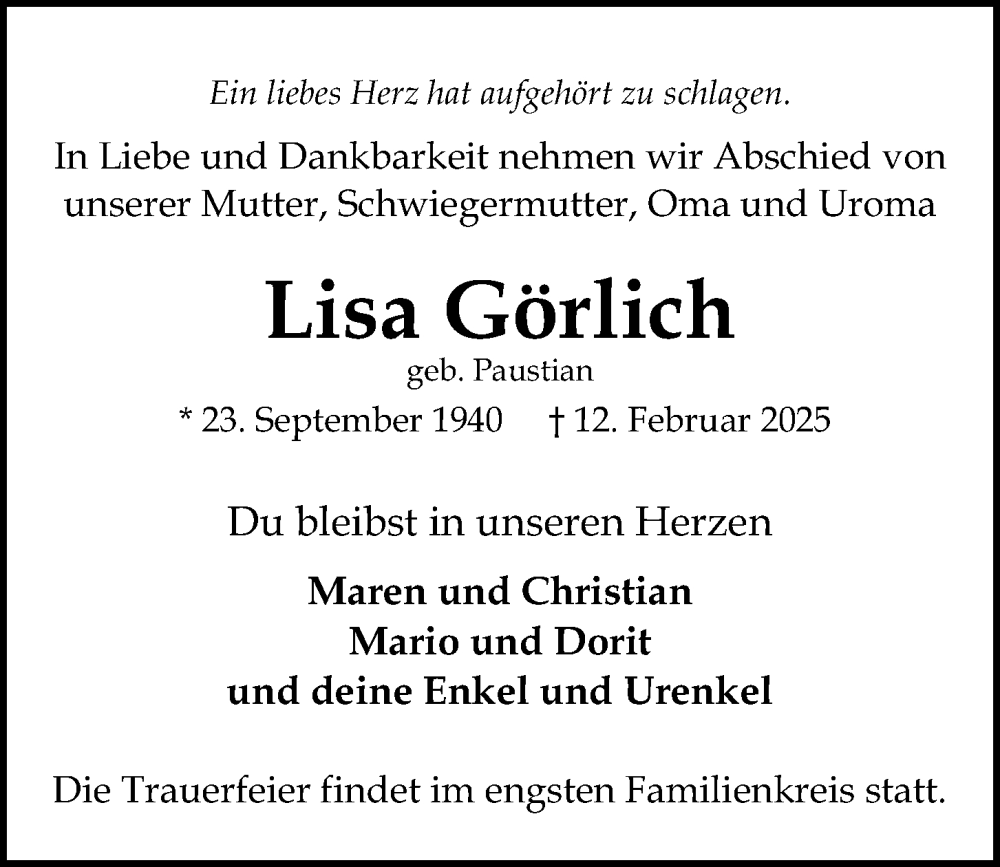  Traueranzeige für Lisa Görlich vom 21.02.2025 aus Kieler Nachrichten