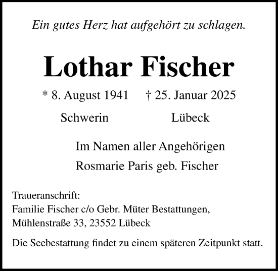 Traueranzeige von Lothar Fischer von Lübecker Nachrichten