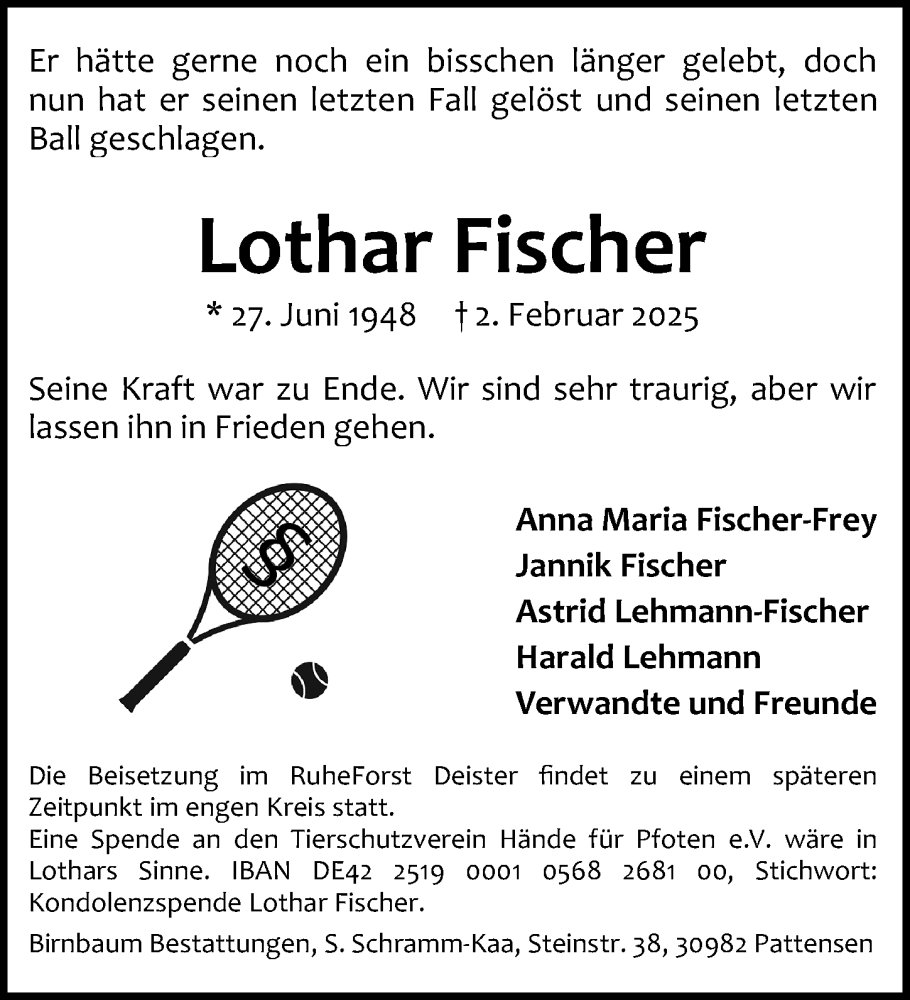  Traueranzeige für Lothar Fischer vom 22.02.2025 aus Hannoversche Allgemeine Zeitung/Neue Presse