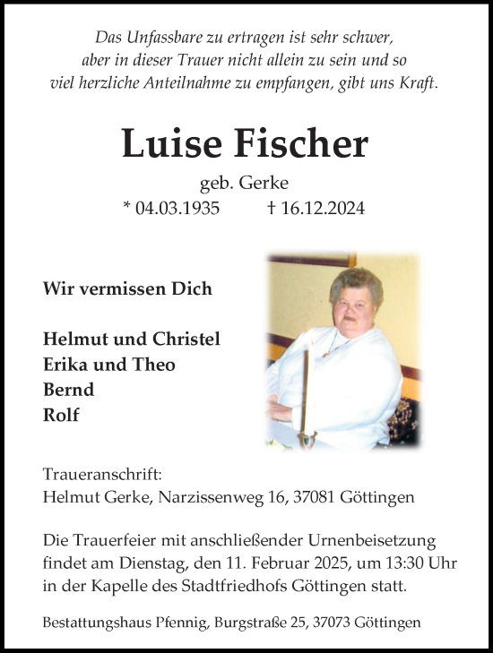 Traueranzeige von Luise Fischer von Göttinger Tageblatt