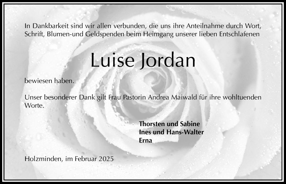 Traueranzeige für Luise Jordan vom 01.02.2025 aus Täglicher Anzeiger Holzminden