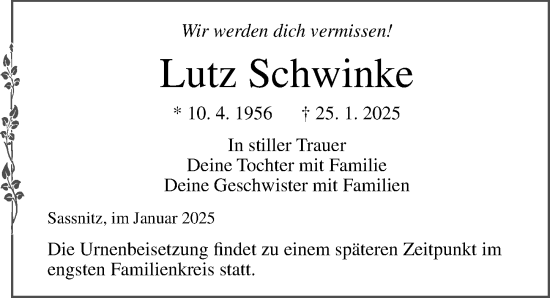 Traueranzeige von Lutz Schwinke von Ostsee-Zeitung GmbH