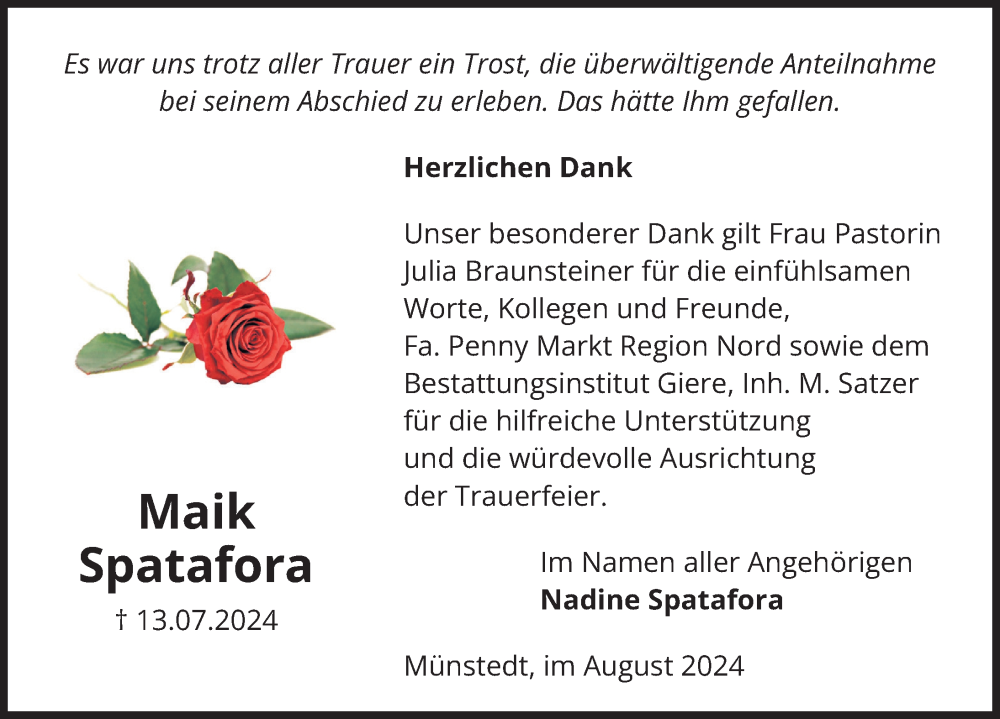  Traueranzeige für Maik Spatafora vom 10.08.2024 aus Peiner Allgemeine Zeitung
