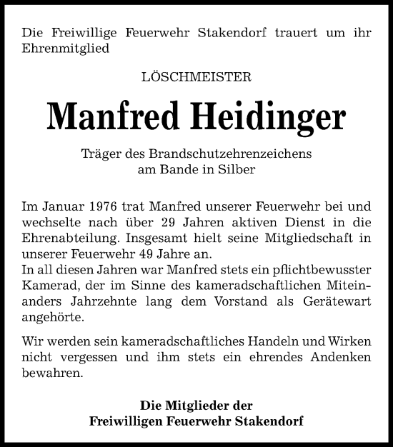 Traueranzeige von Manfred Heidinger von Kieler Nachrichten
