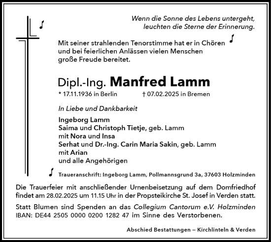 Traueranzeige von Manfred Lamm von Täglicher Anzeiger Holzminden