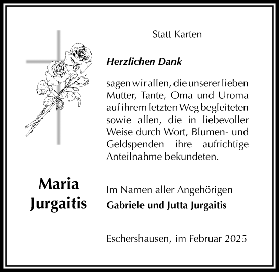 Traueranzeige von Maria Jurgaitis von Täglicher Anzeiger Holzminden