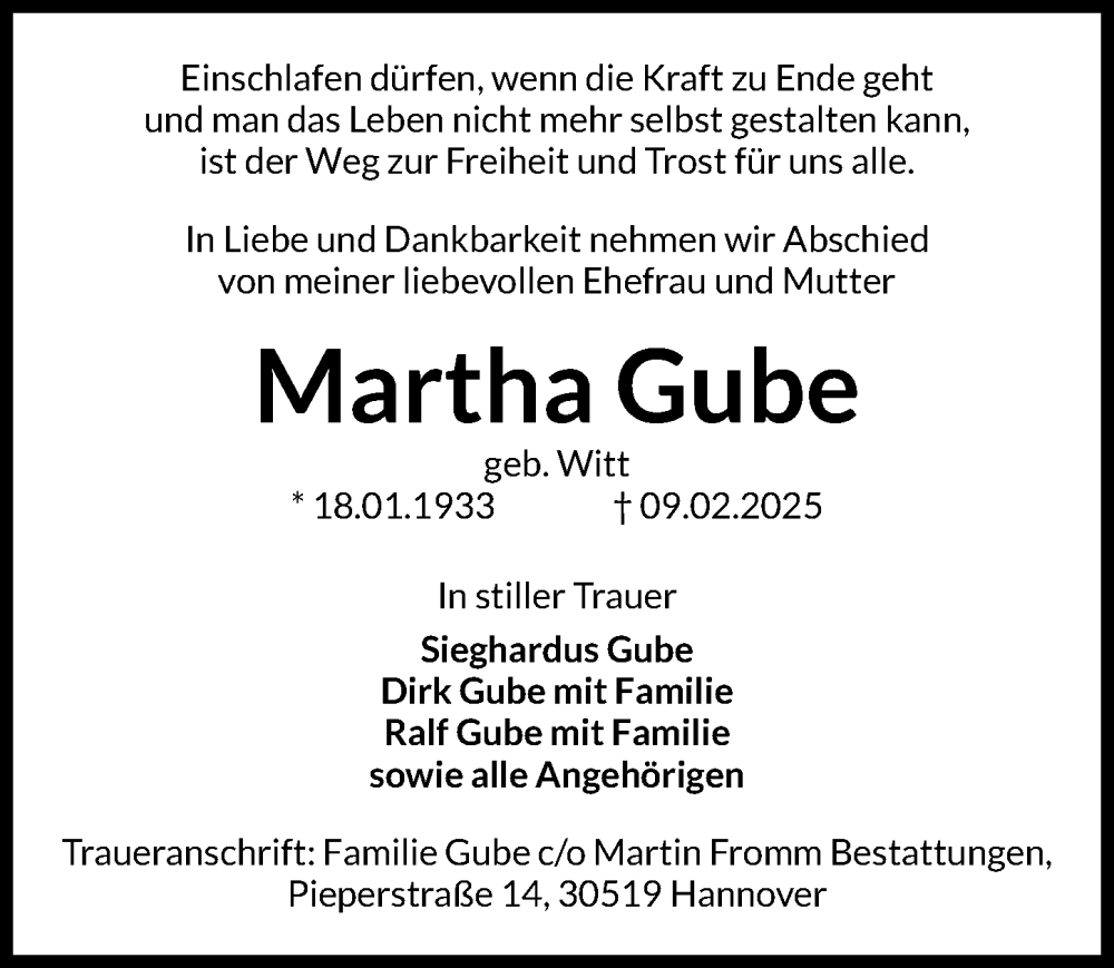  Traueranzeige für Martha Gube vom 22.02.2025 aus Hannoversche Allgemeine Zeitung/Neue Presse