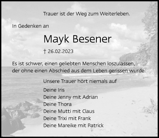 Traueranzeige von Mayk Besener von Ostsee-Zeitung GmbH