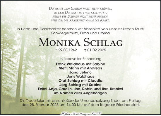 Traueranzeige von Monika Schlag von Torgauer Zeitung