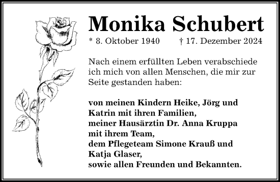 Traueranzeige von Monika Schubert von Sächsische Zeitung