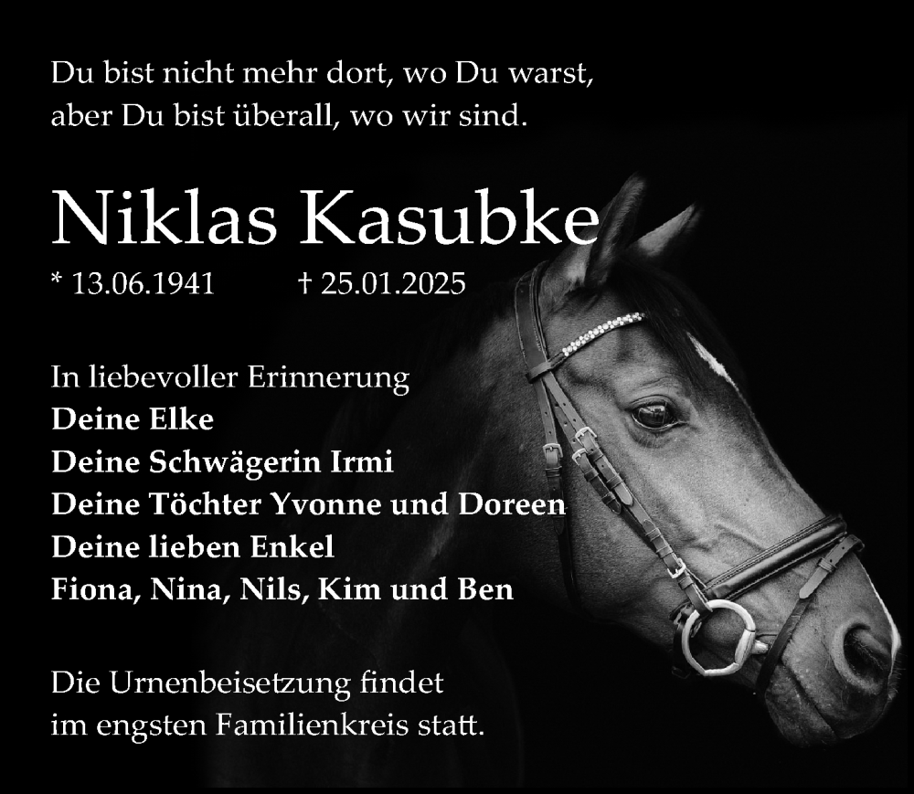  Traueranzeige für Niklas Kasubke vom 01.02.2025 aus Wochenspiegel