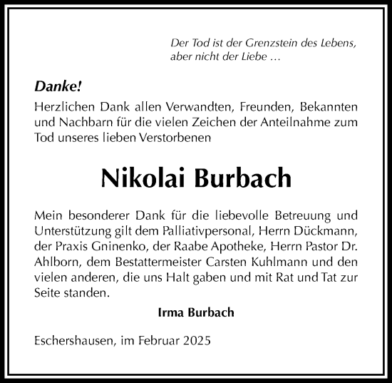 Traueranzeige von Nikolai Burbach von Täglicher Anzeiger Holzminden