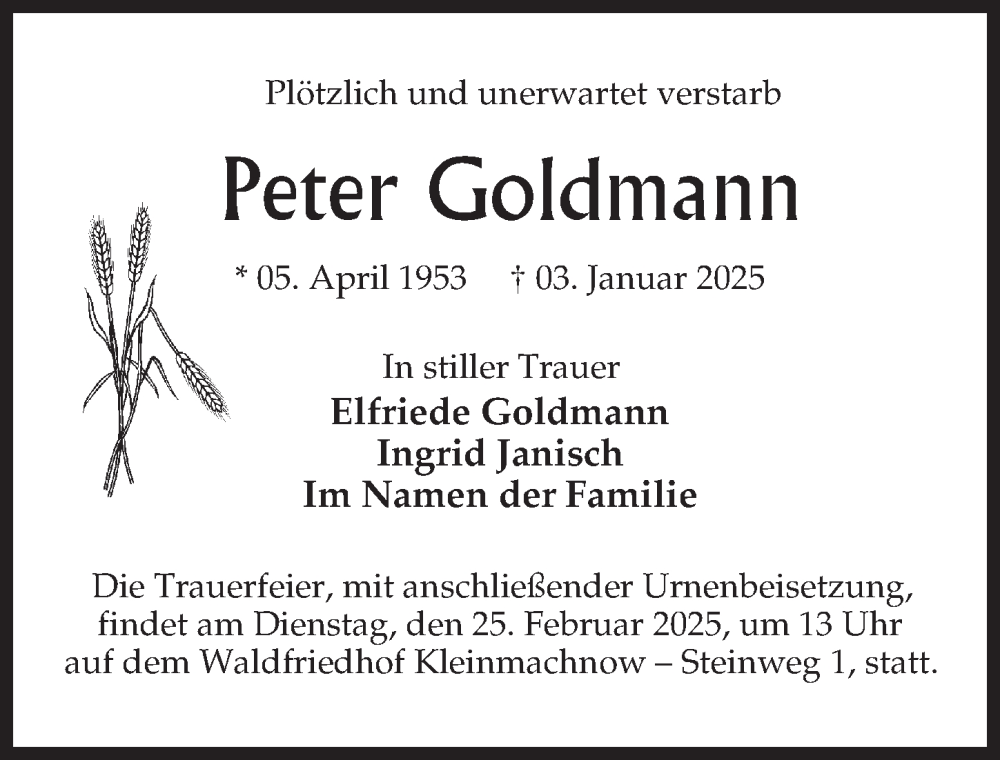  Traueranzeige für Peter Goldmann vom 15.02.2025 aus Märkischen Allgemeine Zeitung
