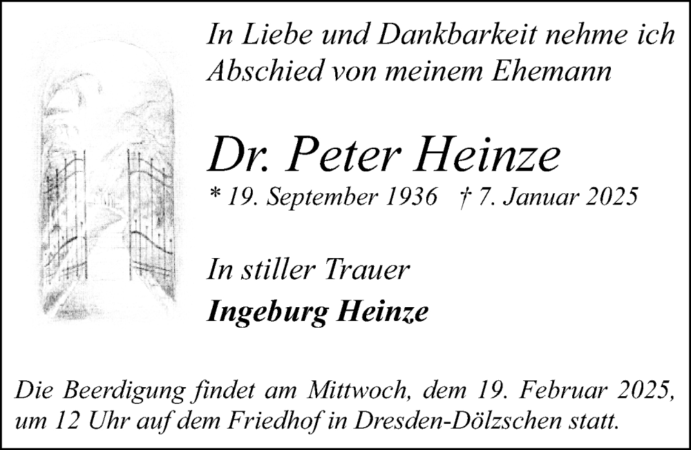  Traueranzeige für Peter Heinze vom 15.02.2025 aus Sächsische Zeitung