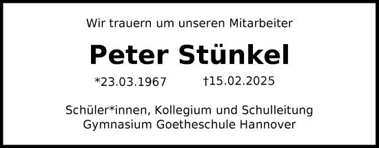 Traueranzeige von Peter Stünkel von Hannoversche Allgemeine Zeitung/Neue Presse