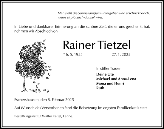 Traueranzeige von Rainer Tietzel von Täglicher Anzeiger Holzminden
