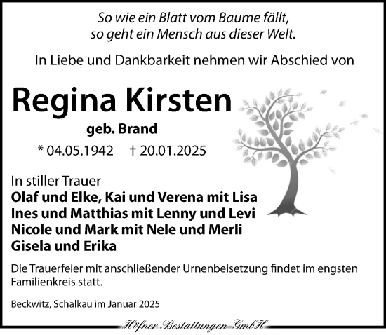 Traueranzeige von Regina Kirsten von Torgauer Zeitung
