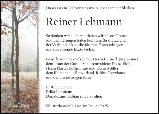 Traueranzeige von Reiner Lehmann von Wochenspiegel