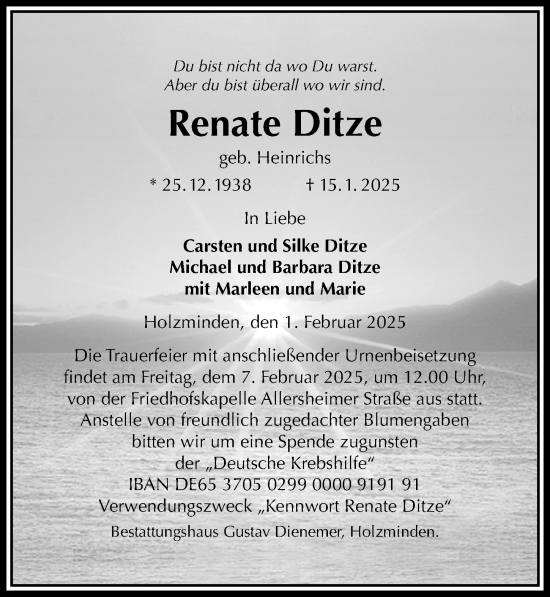 Traueranzeige von Renate Ditze von Täglicher Anzeiger Holzminden