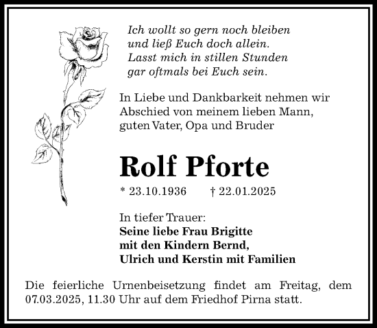 Traueranzeige von Rolf Pforte von Sächsische Zeitung