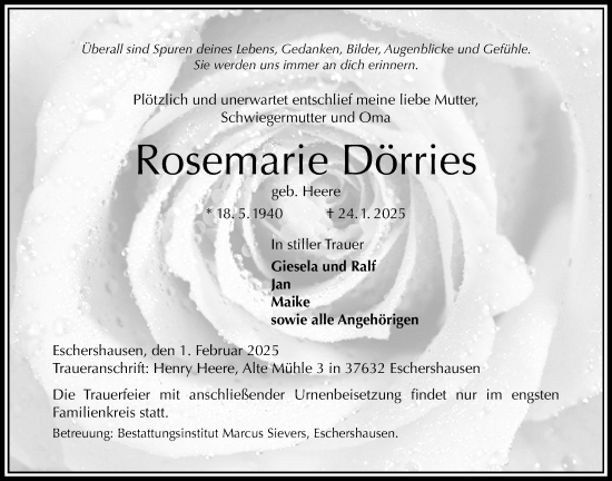 Traueranzeige von Rosemarie Dörries von Täglicher Anzeiger Holzminden