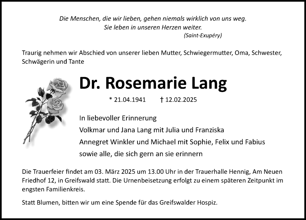  Traueranzeige für Rosemarie Lang vom 22.02.2025 aus Ostsee-Zeitung GmbH