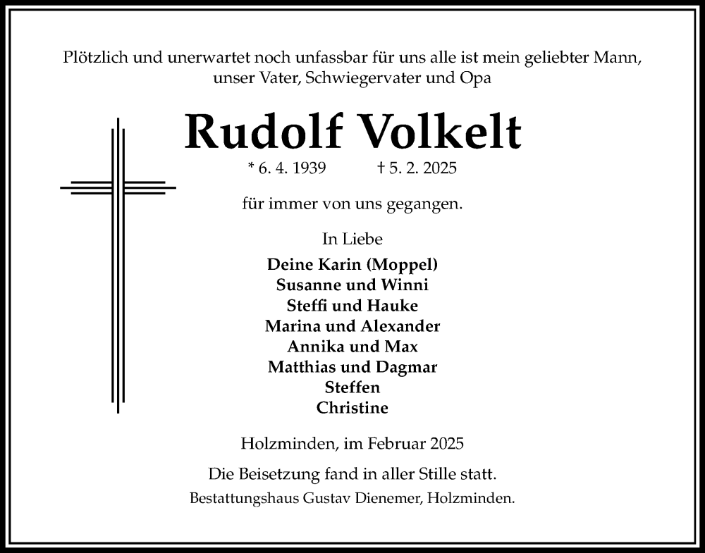  Traueranzeige für Rudolf Volkelt vom 15.02.2025 aus Täglicher Anzeiger Holzminden
