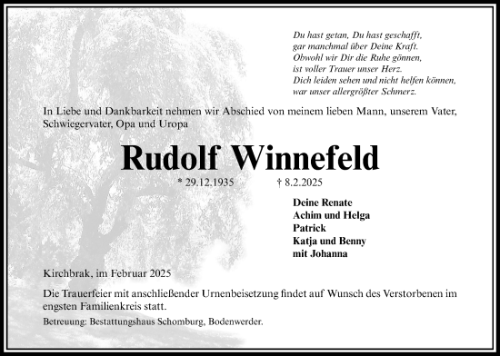 Traueranzeige von Rudolf Winnefeld von Täglicher Anzeiger Holzminden