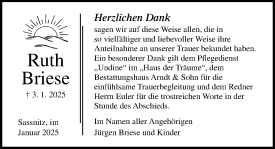 Traueranzeige von Ruth Briese von Ostsee-Zeitung GmbH
