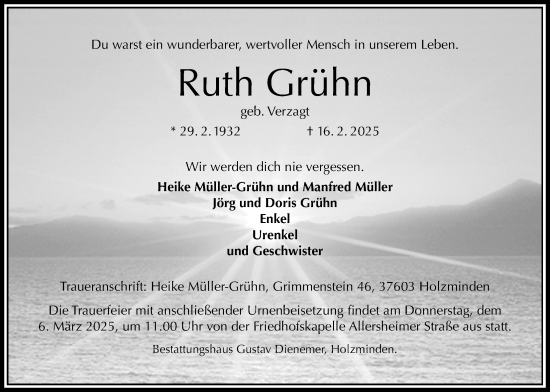 Traueranzeige von Ruth Grühn von Täglicher Anzeiger Holzminden