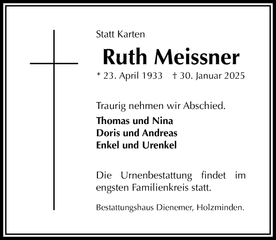 Traueranzeige von Ruth Meissner von Täglicher Anzeiger Holzminden